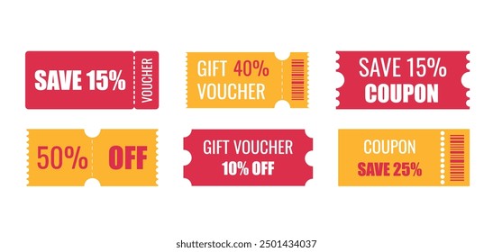 Coupon discount set. Gift voucher, promotion element template for design. Vector illustration isolated white background