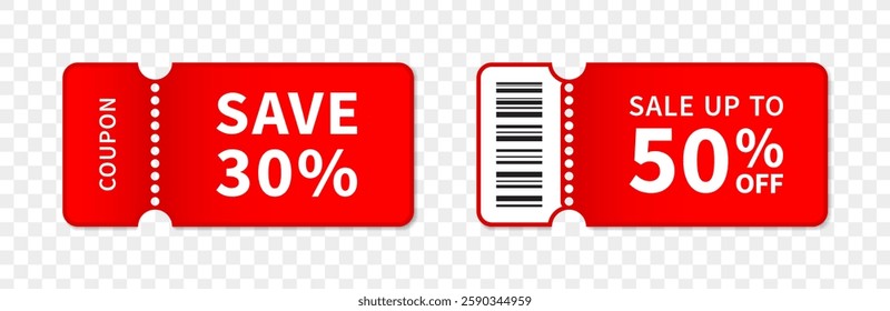 Coupon discount set on white background. Sale gift vouchers. Promo card. Vector