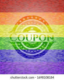 Coupon emblem on mosaic background with the colors of the LGBT flag