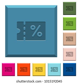 Coupon engraved icons on edged square buttons in various trendy colors