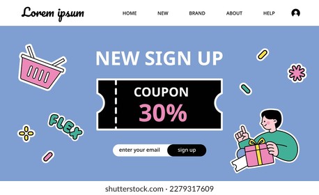 Coupon event banner webpage concept template. There is a coupon design and a boy holding a gift box.