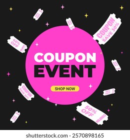 Coupon event square Banner in flat style. Flying Coupons. Vector illustration for social media post.