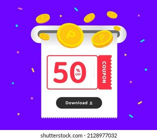 The coupon event that comes out as a receipt illustration set. Coin, Receipt, paper, discount, firecracker. Vector drawing. Hand drawn style.