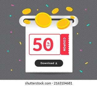 The coupon event that comes out as a receipt illustration set. Coin, Receipt, paper, discount, firecracker. Vector drawing. Hand drawn style.