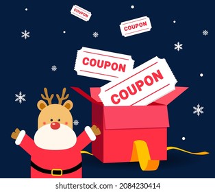 A coupon event welcomed by deer  illustration set. Christmas, Santa, Holiday, Anniversary, Snowflake. Vector drawing. Hand drawn style.