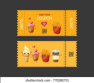 Coupon fast food. Gift Voucher ticket card. Coupon food and drink, eating. Pass to attend events. Element template for design. Vector illustration isolated.