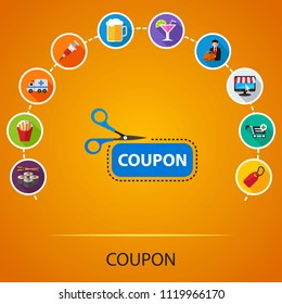 Coupon flat icons concept. Vector illustration. Element template for design.