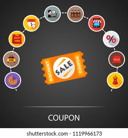 Coupon flat icons concept. Vector illustration. Element template for design.