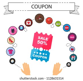 Coupon flat icons concept. Vector illustration. Element template for design.
