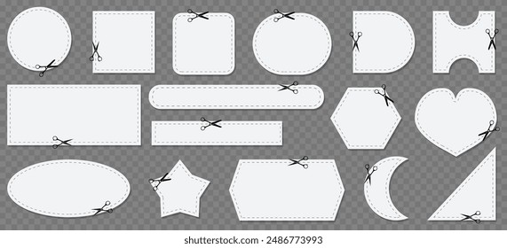 Coupon frame template with scissors icons. Dashed line with scissors. Coupon cut out scissors icons