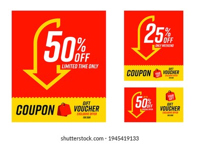 Coupon gift voucher with 50 and 25 percent off limited time. Set of tear-off sale card with exclusive special offer for you only on weekend with red white template vector illustration