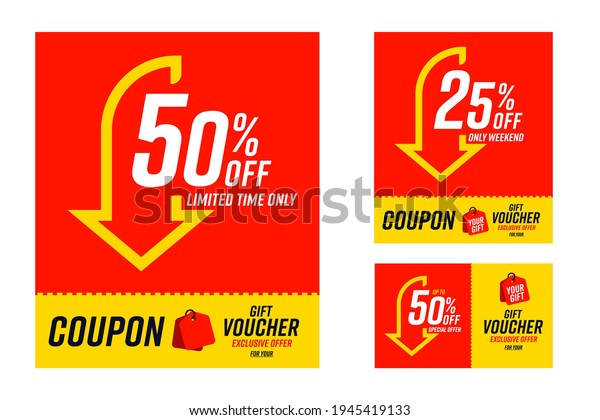 Coupon gift voucher with 50 and 25 percent\
off limited time. Set of tear-off sale card with exclusive special\
offer for you only on weekend with red white template vector\
illustration