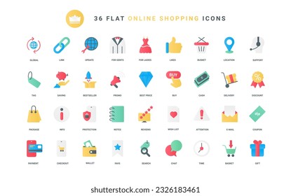 Coupon for gifts and discounts tag, money savings protection and support, piggy bank for payment, info search for wish list. Online shop, commerce trendy flat icons set vector illustration