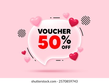 Coupon glass speech bubble. Social media concept. Voucher 50 percent off sale. Special offer coupon sign. Black friday discount symbol. 3d hearts love speech bubble. Vector