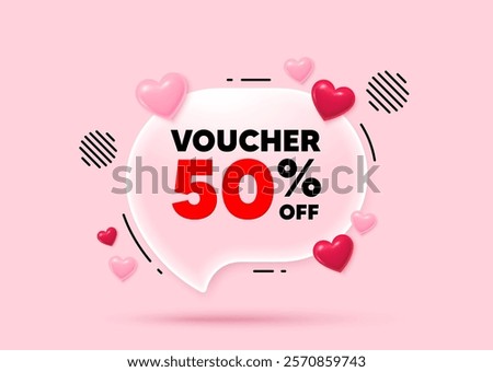 Coupon glass speech bubble. Social media concept. Voucher 50 percent off sale. Special offer coupon sign. Black friday discount symbol. 3d hearts love speech bubble. Vector