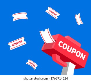 Coupon Gun Making Machine Illustration Set. Paper, Sky, Point, Shoot, Money, Paper Flower. Vector Drawing. Hand Drawn Style.