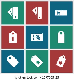 Coupon icon. collection of 9 coupon filled icons such as tag, ticket. editable coupon icons for web and mobile.