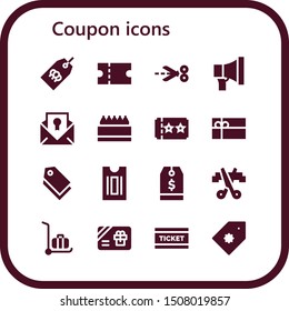 coupon icon set. 16 filled coupon icons.  Simple modern icons about  - Tag, Coupon, Scissors, Promotion, Certificate, Store, Ticket, Gift card, Delivery cart, Price tag