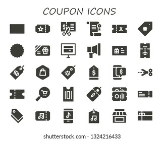 coupon icon set. 30 filled coupon icons.  Simple modern icons about  - Gift card, Ticket, Voucher, Certificate, Price tag, Coupon, Online store, Promotion, Tag, Shopping, Discount