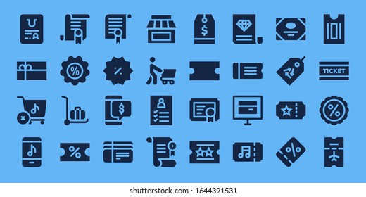 juego de iconos de cupón. 32 iconos de cupón. Certificado incluido, tarjeta de regalo, tienda, tienda en línea, descuento, carrito de entrega, cupón, entradas, compras, registro, etiqueta, iconos de entradas