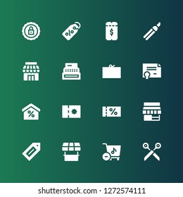 coupon icon set. Collection of 16 filled coupon icons included Scissors, Store, Label, Voucher, Coupon, Discount, Certificate, Register, Shears, Ticket, Certification