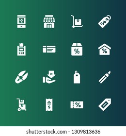 coupon icon set. Collection of 16 filled coupon icons included Label, Voucher, Ticket, Delivery cart, Shears, Price tag, Discount, Scissor, Offer, Store, Boarding pass
