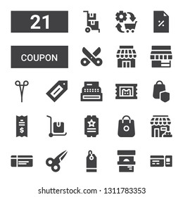 coupon icon set. Collection of 21 filled coupon icons included Ticket, Price tag, Scissors, Store, Shopping, Delivery cart, Secure shopping, Register, Label, Discount, Commerce