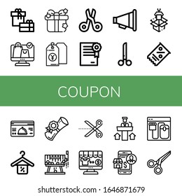 coupon icon set. Collection of Gift, Online shopping, Price tag, Scissors, Certificate, Promotion, Packaging, Coupon, Loyalty card, Discount, Diploma, Raffle, Online shop icons