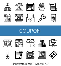 juego de iconos de cupón. Colección de promociones, entradas, descuentos, tienda en línea, tiendas en línea, tijeras, certificados, regalos, iconos de cupón