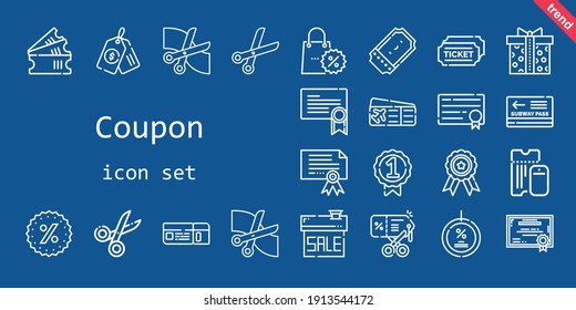 coupon icon set. line icon style. coupon related icons such as tickets, ticket, pass, plane ticket, certificate, discount, scissors, supermarket gift, badge, promotions, sale, price tag, diploma