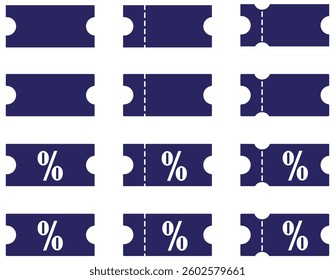 Coupon icon set showing ticket shapes with cut lines and percent symbols used for discount, offer, deal, voucher, promo, and sale indicators.