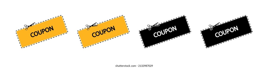 Coupon icons. Discount coupons. Discount ticket. Flat voucher symbol. Discount code with scissors and cut for gift. Icons for sale, merchandise and business. Vector.