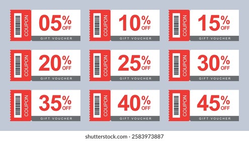 Coupon icons. Percent discount. promotion illustration collection. Sale Voucher Coupon. Discount Coupons Tickets Card. Discount coupons tickets card. From 5% to 45% discount