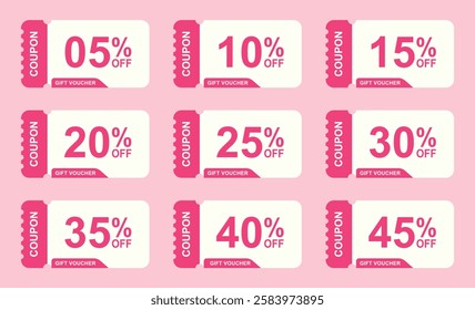 Coupon icons. Percent discount. promotion illustration collection. Sale Voucher Coupon. Discount Coupons Tickets Card. Discount coupons tickets card. From 5% to 45% discount