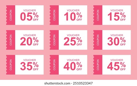 Coupon icons. Sale Voucher Coupon. Discount Coupons Tickets Card. Coupon for web design. Tag label, sale banner with discount coupon. Pink Vector gift voucher vector illustration.