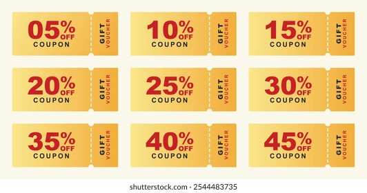 Ícones de cupom. Cupom de Cupom de Comprovante de Venda. Cartão de Bilhetes de Cupons de Desconto. Cupom para web design. Etiqueta, faixa de venda com cupom de desconto. Ilustração de vetor de vale de presente dourado.