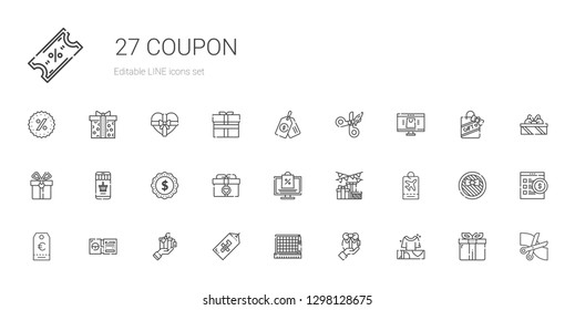 coupon icons set. Collection of coupon with gifts, gift, cutting, tag, ticket, online shopping, label, online shop, scissors, price tag, supermarket gift. Editable and scalable coupon icons.