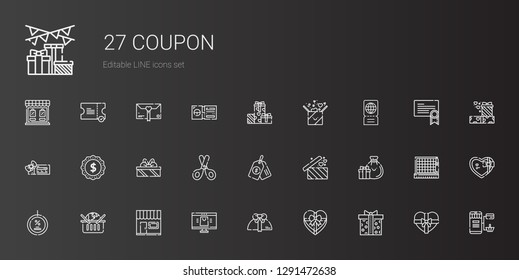 coupon icons set. Collection of coupon with supermarket gift, gift, online shop, store, online shopping, discount, gifts, price tag, scissors. Editable and scalable coupon icons.