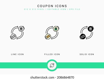 Coupon icons set vector illustration with solid icon line style. Loyalty member reward concept. Editable stroke icon on isolated background for web design, user interface, and mobile app