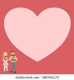 Coupon lover wear mask for social distancing from covid-19 with big pink heart and red background valentine’s day