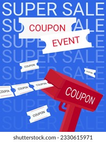 Ametralladora de cupón. Dispara la pistola de juguete con cupón. Efectivo, cupón, Flor de papel. Banner del evento de marketing de Black Friday. Ilustración de vector plana de moda.