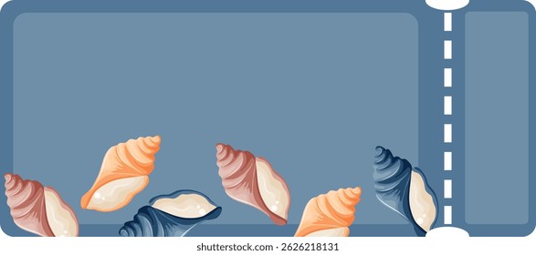 coupon with a marine theme, namely with colorful sea shells of various shapes on a blue background