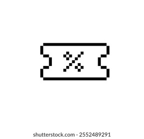 Coupon pixel UI icon with percent logo. Customer loyalty status. Discount code. Online store. Increased sales. Editable 8bit graphic element. Outline isolated vector user interface illustration for we