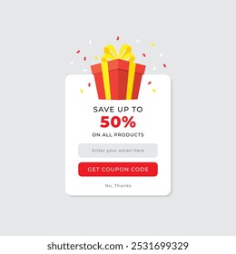 Coupon pop up message with discount and CTA set of coupons, coupon codes, gift box unbox modern coupon with discount values, vouchers 10%, 20%, 25%, 30%, 40%, 50%, 60%, 70%, 80%