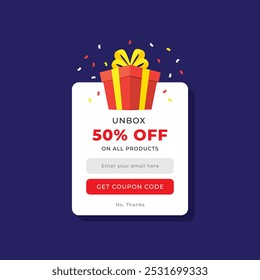 Coupon pop up message with discount and CTA set of coupons, coupon codes, gift box unbox modern coupon with discount values, vouchers 10%, 20%, 25%, 30%, 40%, 50%, 60%, 70%, 80%