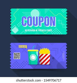 Coupon popcorn beverage and french fries ticket card. Element template for graphics design. Vector illustration