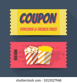 Coupon popcorn and french fries ticket card. Element template for graphics design. Vector illustration

