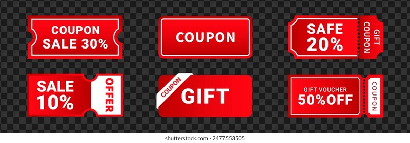 Coupon promotion set. Gift voucher and discount sticker red color. Vector illustration isolated transparent background