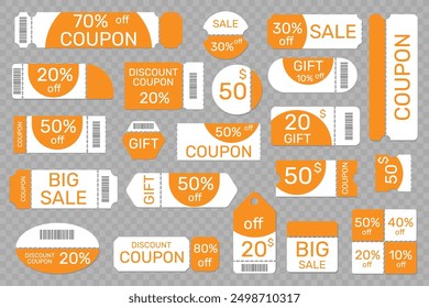 Coupon promotion templates. Discount and sale tickets. Paper gift voucher with perforation and barcode. Special offers. Hot price certificate. Different shapes. Promo