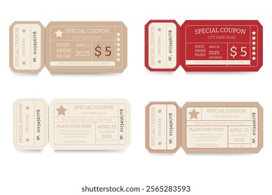 A coupon for a restaurant or bar. A ticket indicating the date, place and program of the event. Vector illustration.